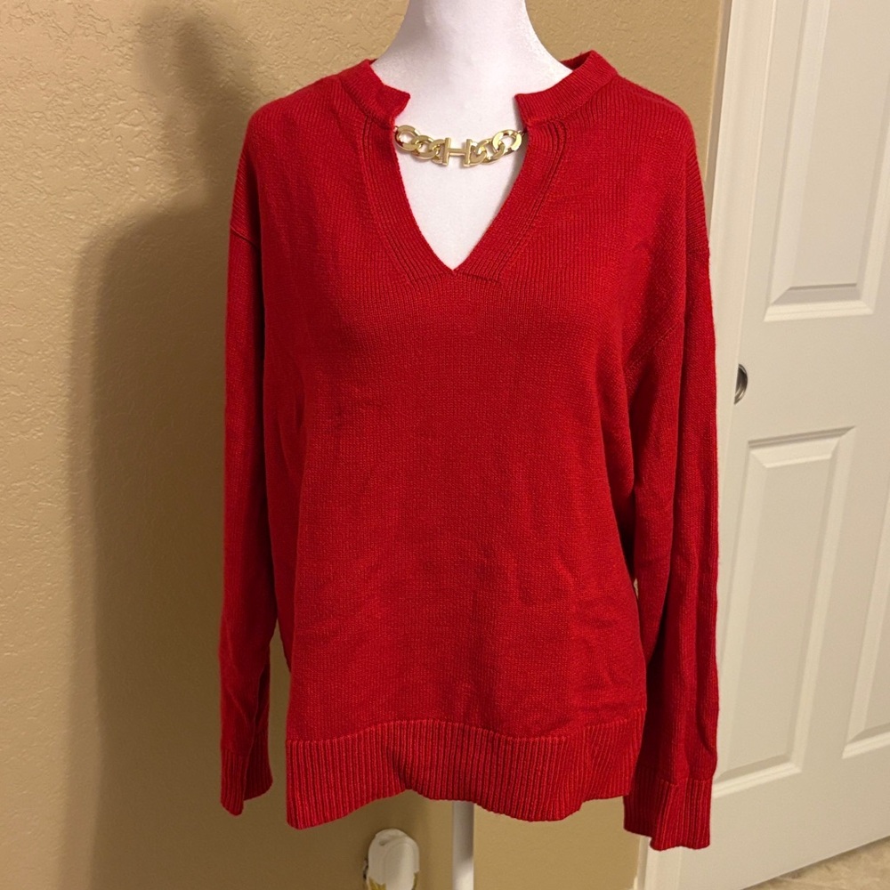 Halston Heritage Bold Red V-Neck Sweater, Size Large